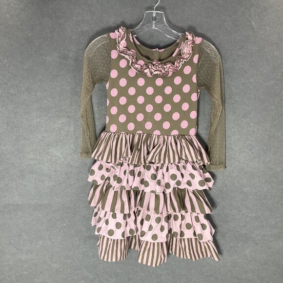 Mustard Pie Dress Girls 8 Ruffle‎ Lace Sleeves Tiered Polka Dots Country Twirl - Picture 1 of 12